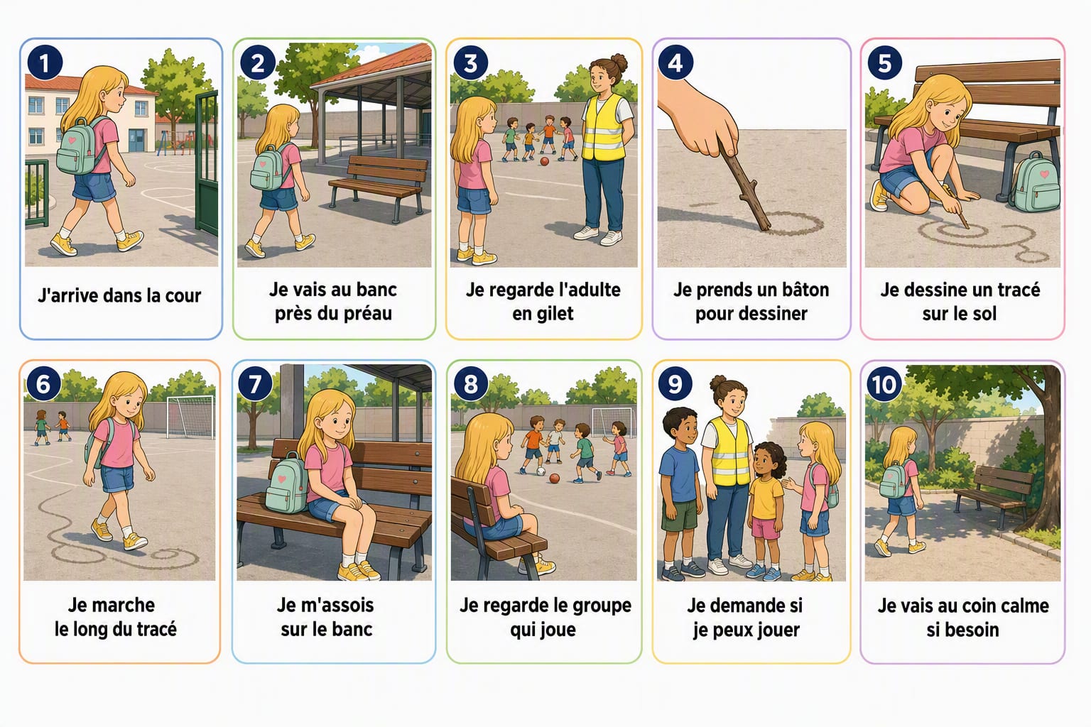 Planche complète de la séquence « La récréation, quand rien n’est organisé », toutes les étapes illustrées