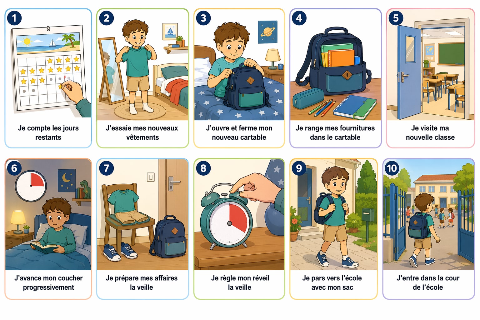 Planche complète de la séquence « La rentrée des classes, étape par étape », toutes les étapes illustrées