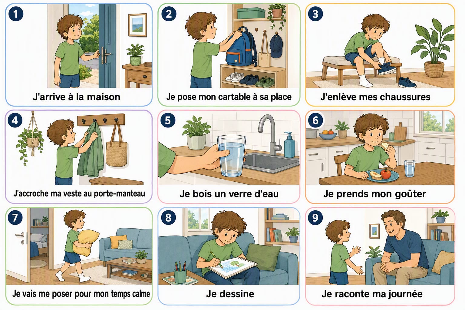Planche complète de la séquence « Le retour à la maison : le temps calme d’abord », toutes les étapes illustrées