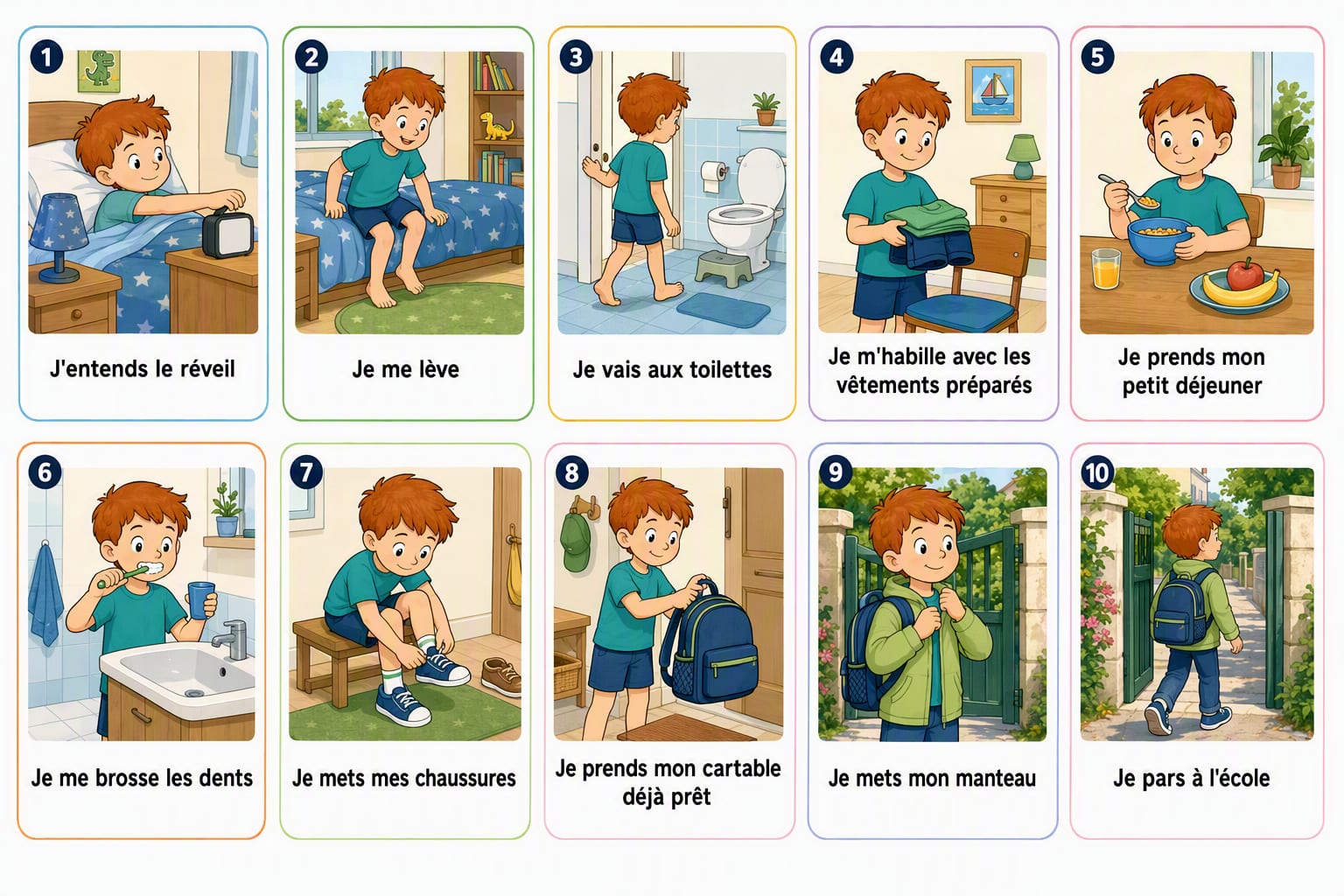 Planche complète de la séquence « La routine du matin, dans le même ordre », toutes les étapes illustrées