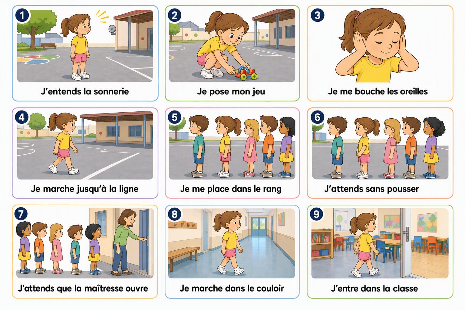 Planche complète de la séquence « La sonnerie, puis le rang », toutes les étapes illustrées