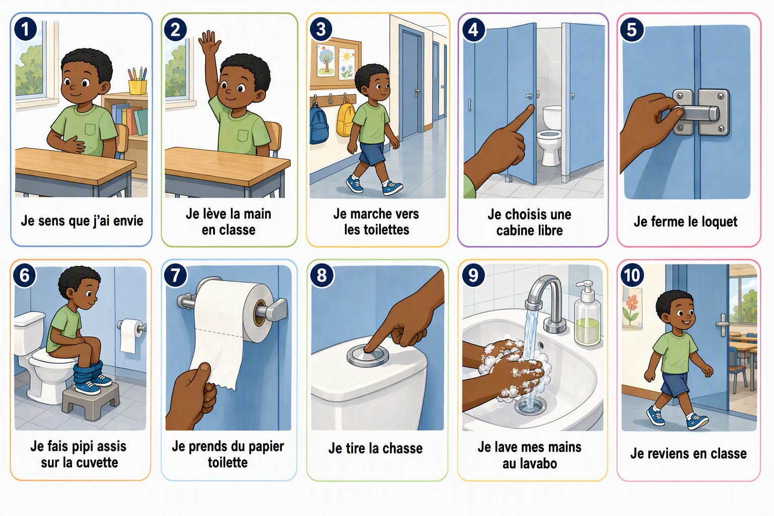 Planche complète de la séquence « Oser aller aux toilettes à l’école », toutes les étapes illustrées