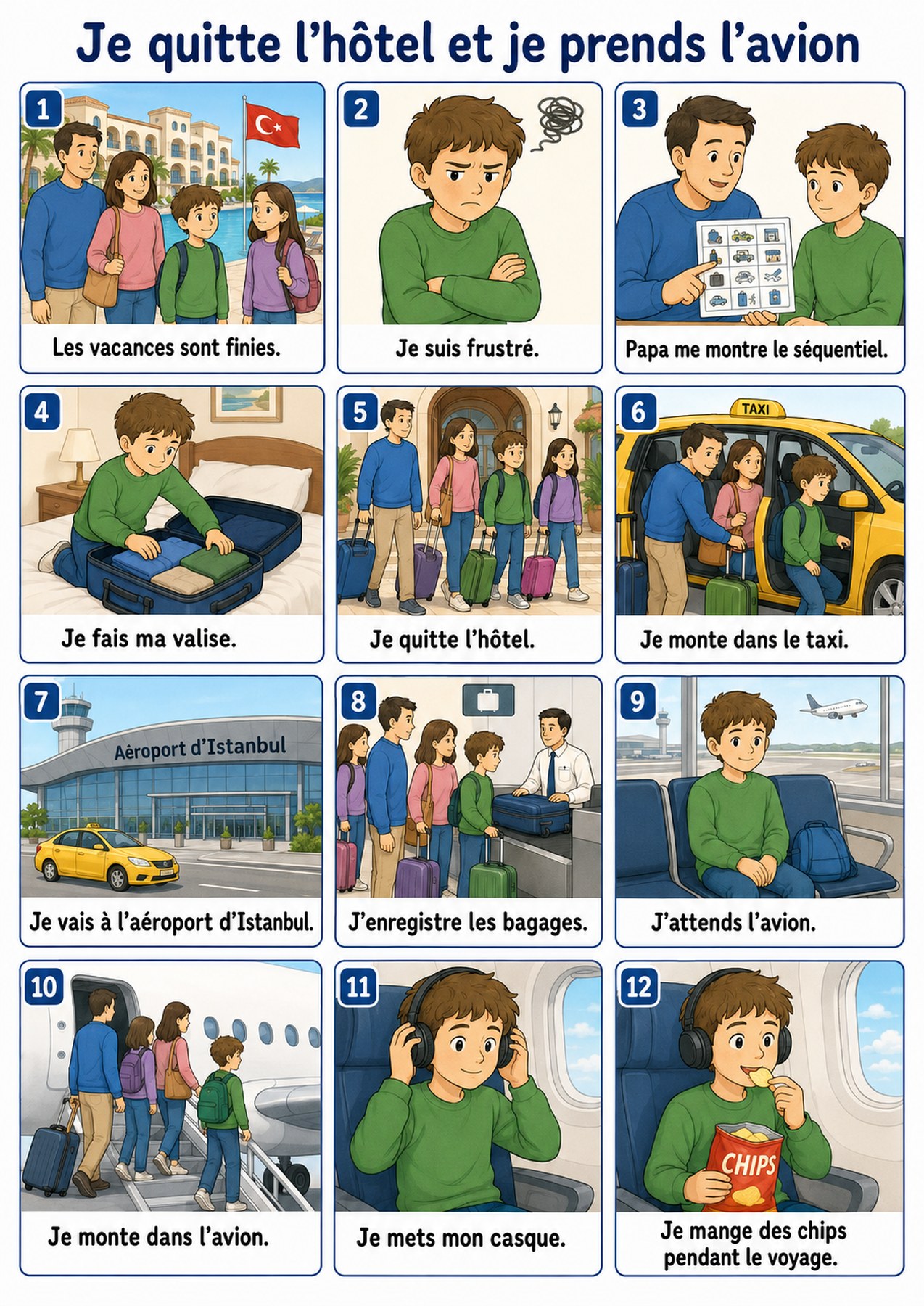 Planche complète de la séquence « Oh non, les vacances sont finies ! », toutes les étapes illustrées